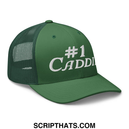 Dark green mesh trucker hat with white embroidered number 1 caddie text on front panel for golf enthusiasts