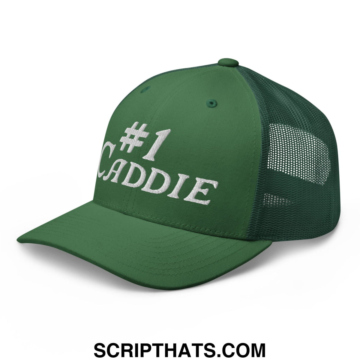 Dark green mesh trucker hat with white embroidered number 1 caddie text on the front panel