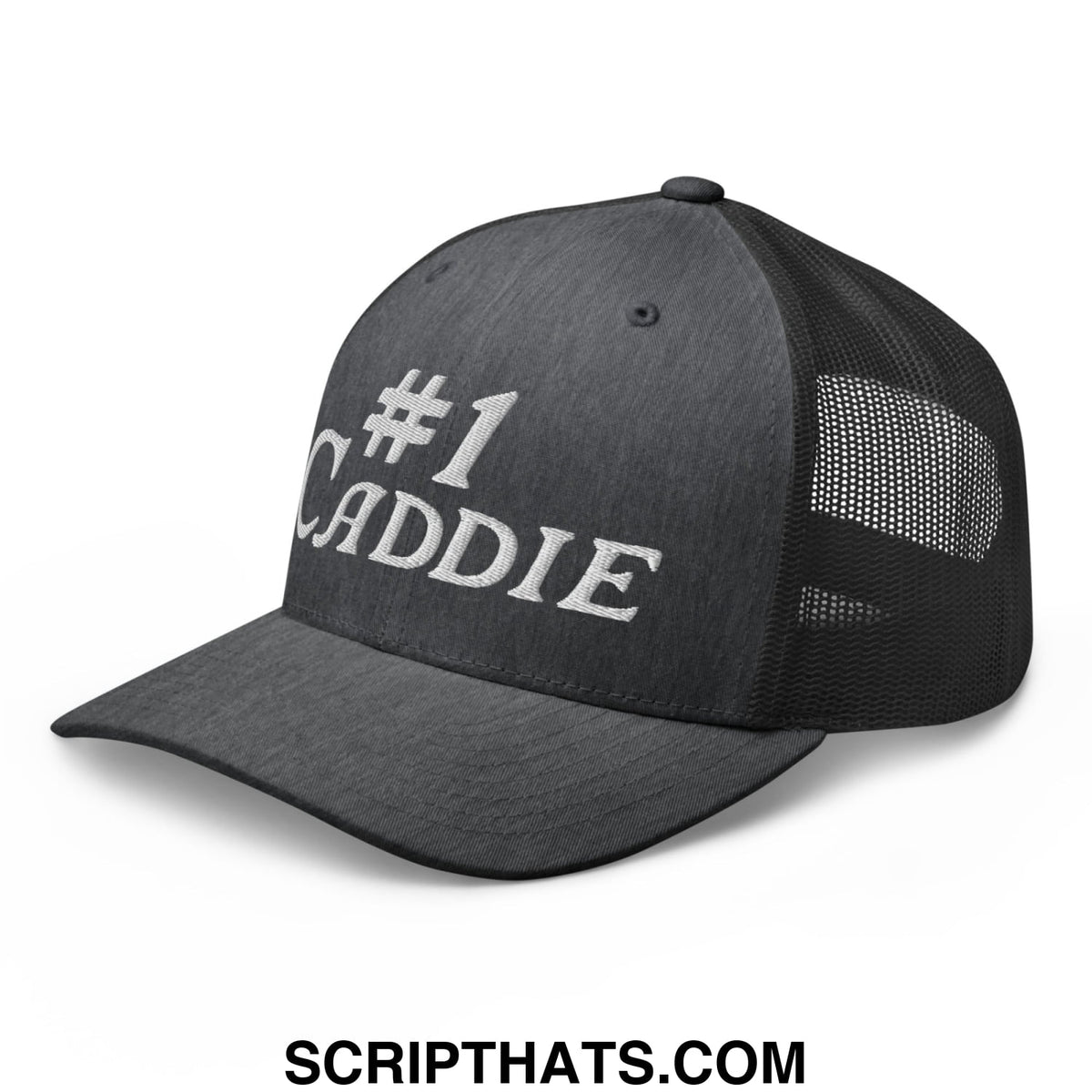 Black mesh trucker hat with white embroidered hashtag one caddie text on the front for golf use