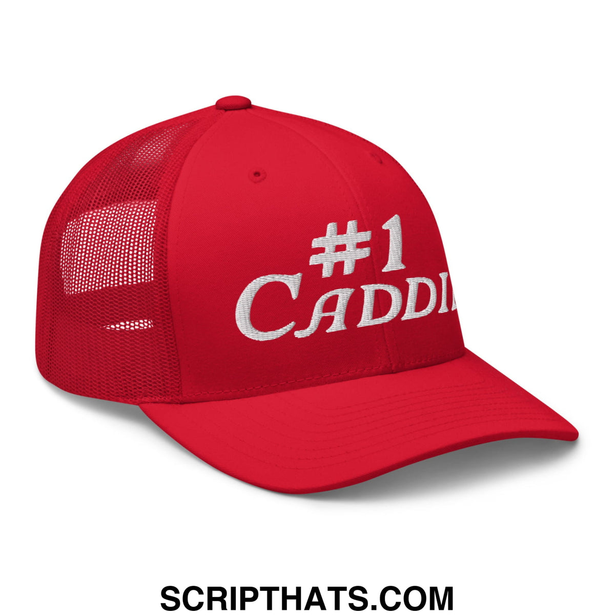Red mesh trucker hat with white embroidered number 1 caddie text on the front panel for golf enthusiasts
