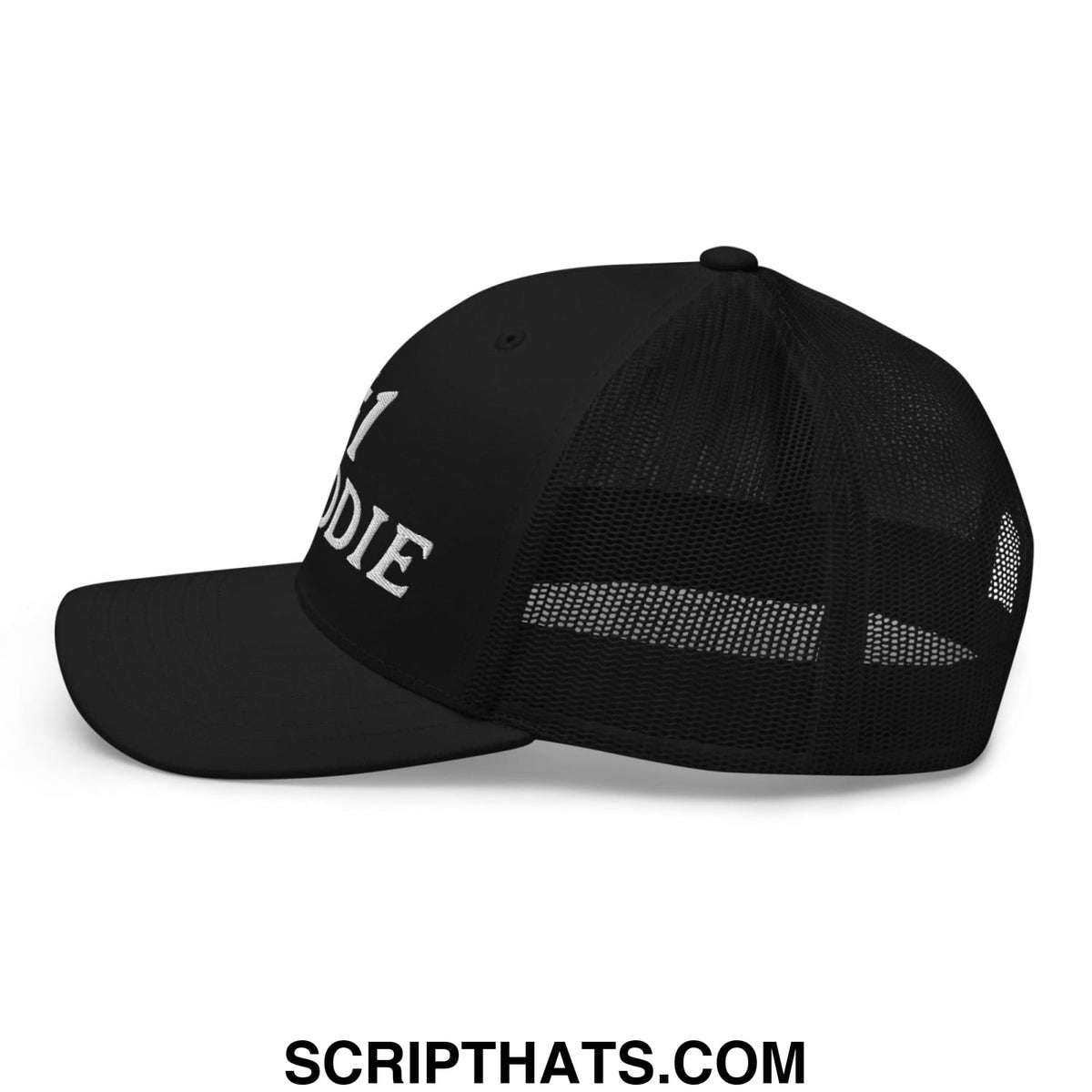 Black mesh trucker hat with white embroidered number 1 caddie text on the front panel