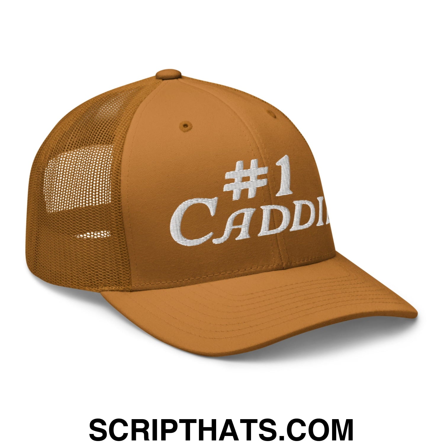 Number 1 Caddie Embroidered Mesh Trucker Hat Caramel