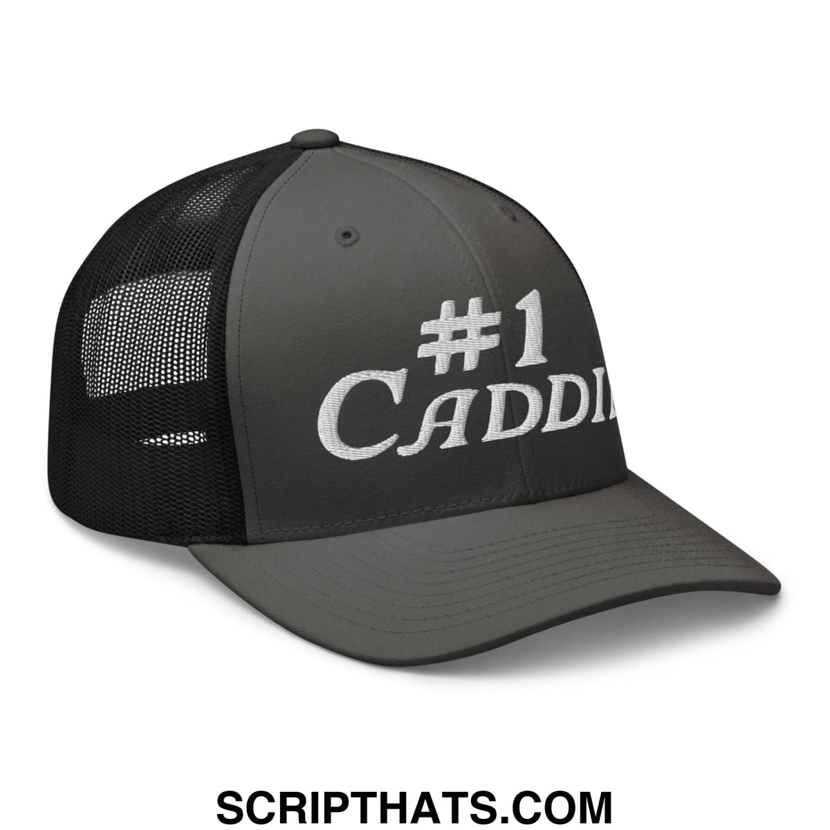 Dark gray trucker hat with black mesh back and white embroidered number 1 caddie text on the front