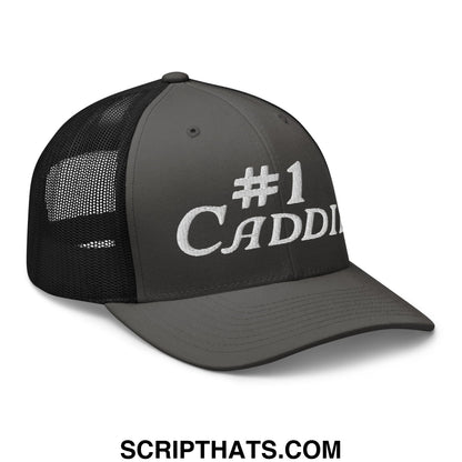 Dark gray trucker hat with black mesh back and white embroidered number 1 caddie text on the front