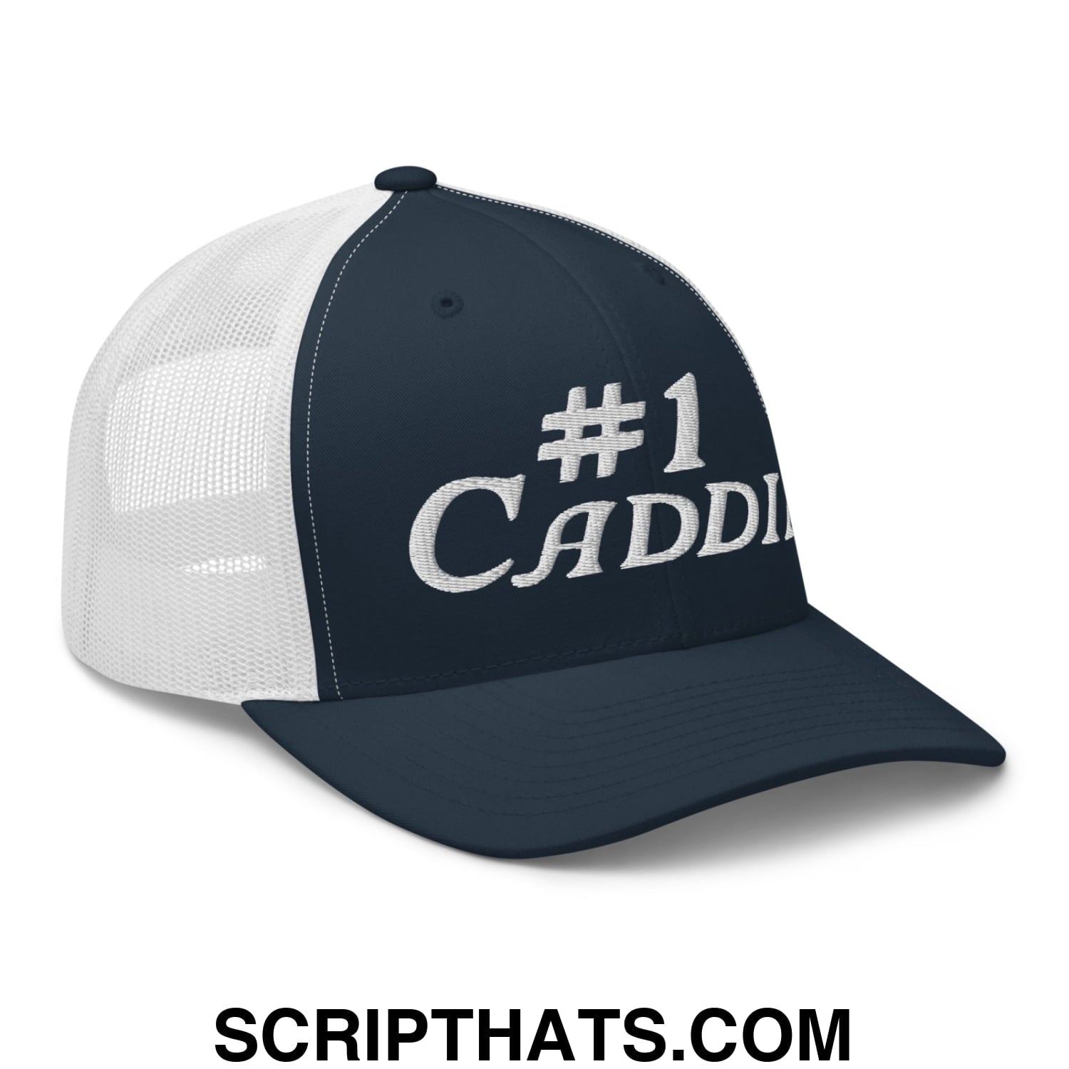 Number 1 Caddie Embroidered Mesh Trucker Hat Navy White