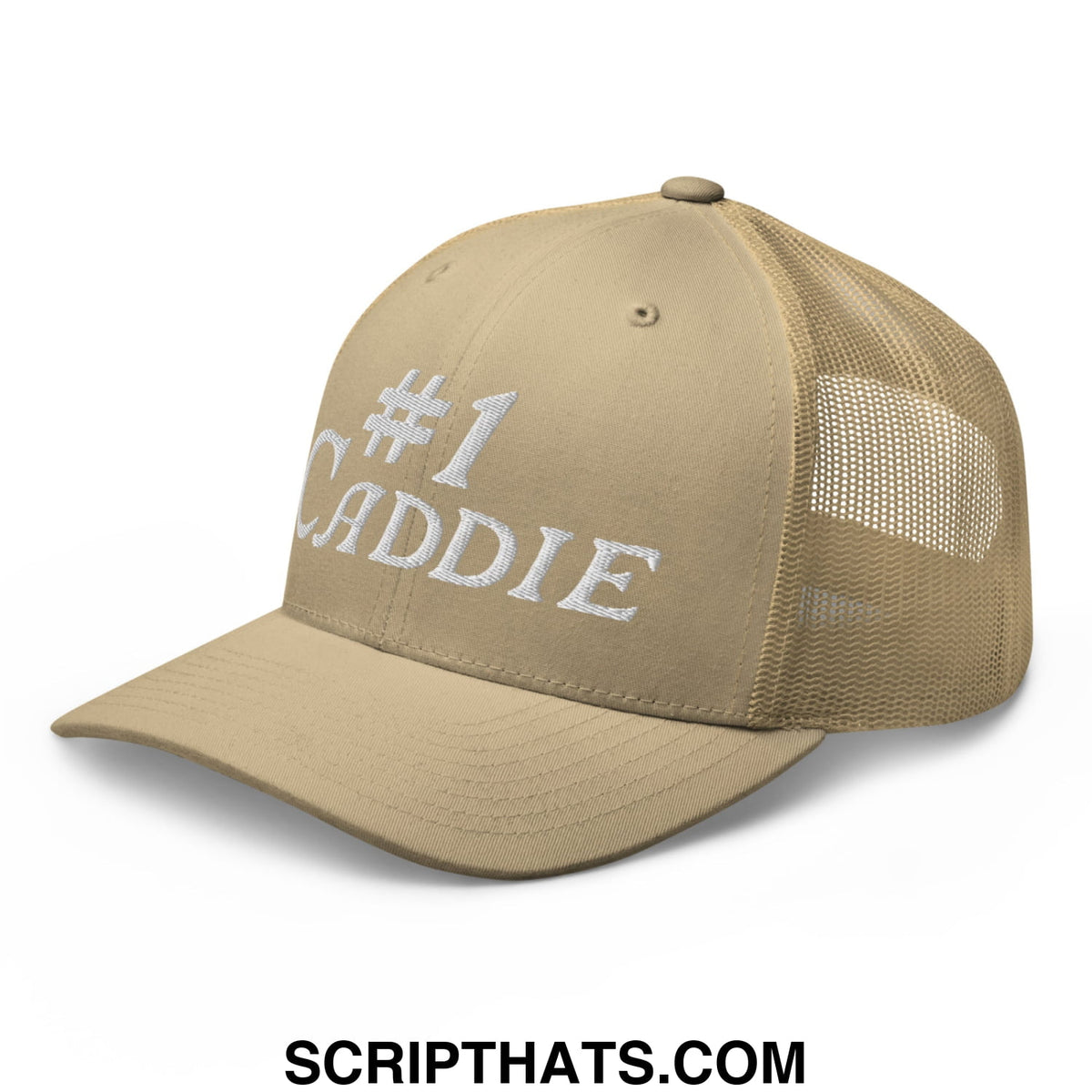 Beige mesh trucker hat with white embroidered number 1 caddie text on the front panel