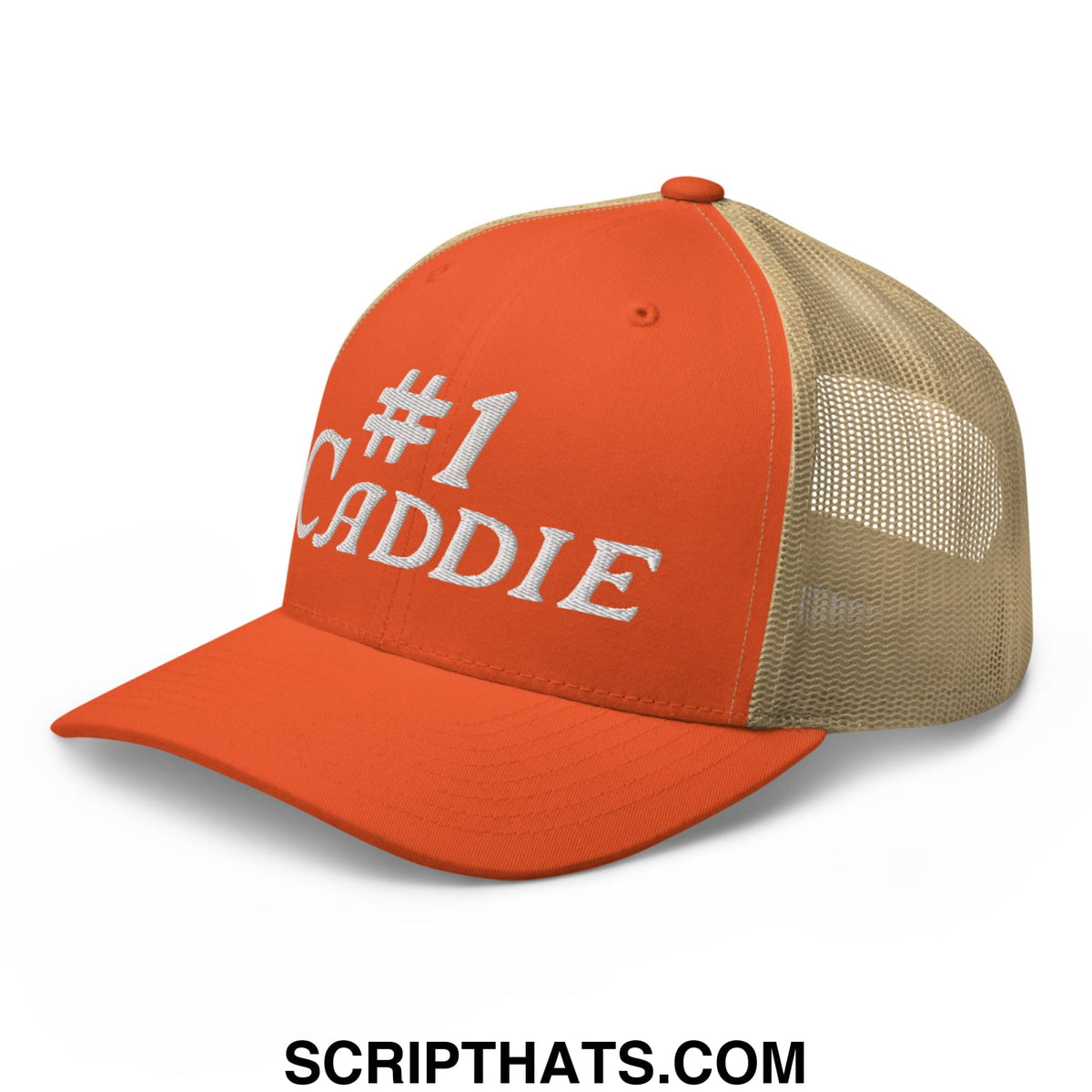 Orange and tan mesh trucker hat with white embroidered #1 caddie text on front for golf use