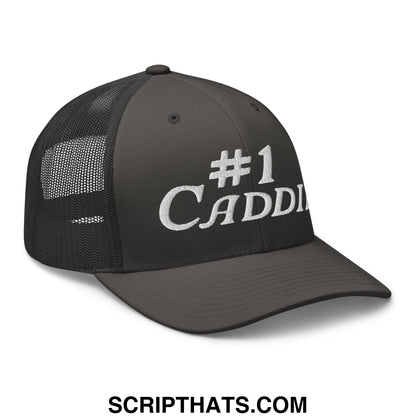 Black mesh trucker hat with white embroidered number 1 caddy text on front for golf caddie fans