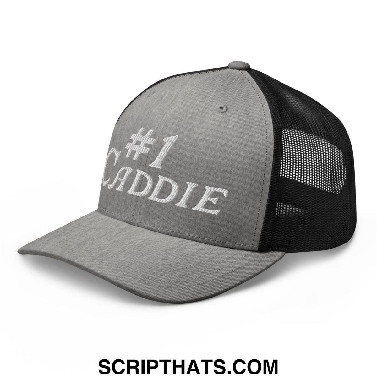 Gray and black mesh trucker hat with white embroidered number 1 caddie text on front panel