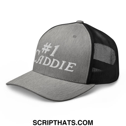 Gray and black mesh trucker hat with white embroidered number 1 caddie text on front panel