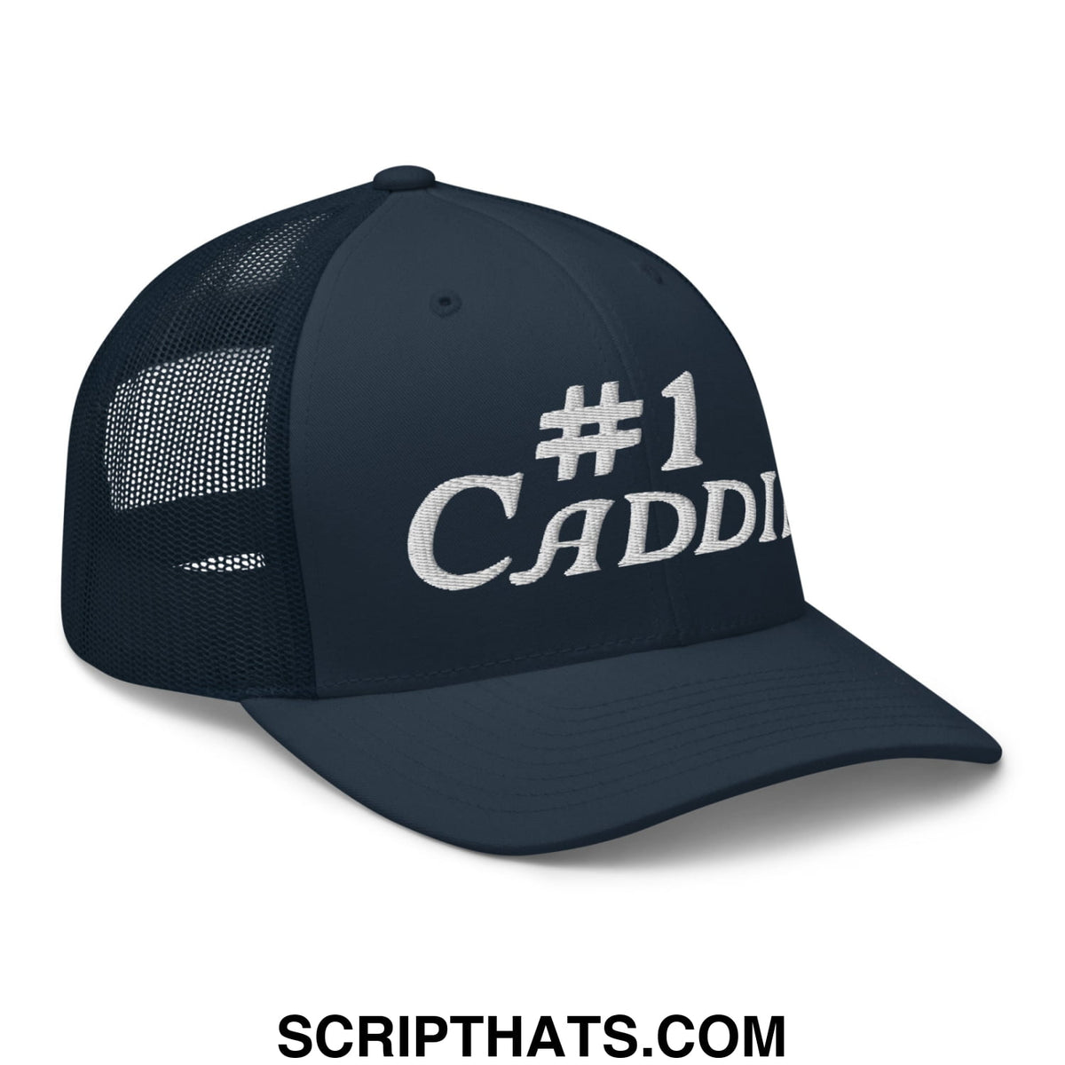 Dark navy blue mesh trucker hat with white embroidered number 1 caddy text on the front for golf caddies