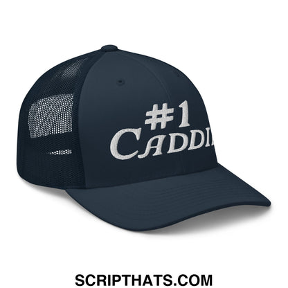 Dark navy blue mesh trucker hat with white embroidered number 1 caddy text on the front for golf caddies