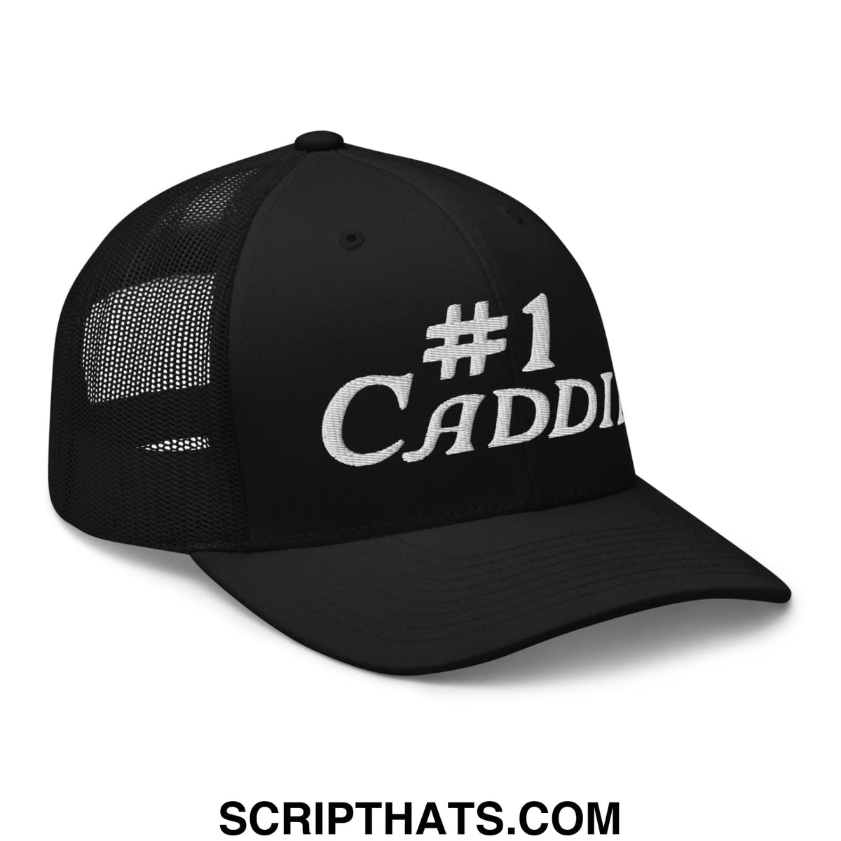 Black mesh trucker hat with white embroidered number 1 caddy text on the front for golf caddies