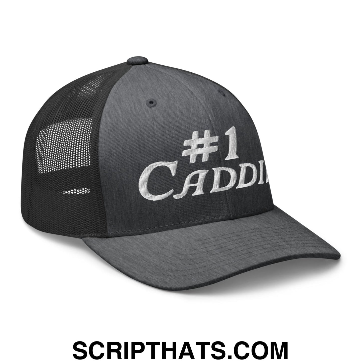 Number 1 Caddie Embroidered Mesh Trucker Hat Dark Heather Gray