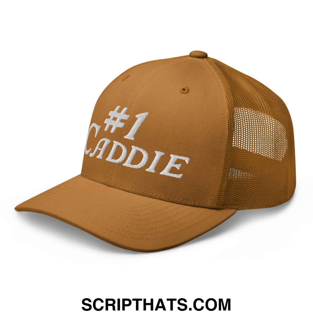 Tan mesh trucker hat with white embroidered number 1 caddie text on the front for golf accessory use