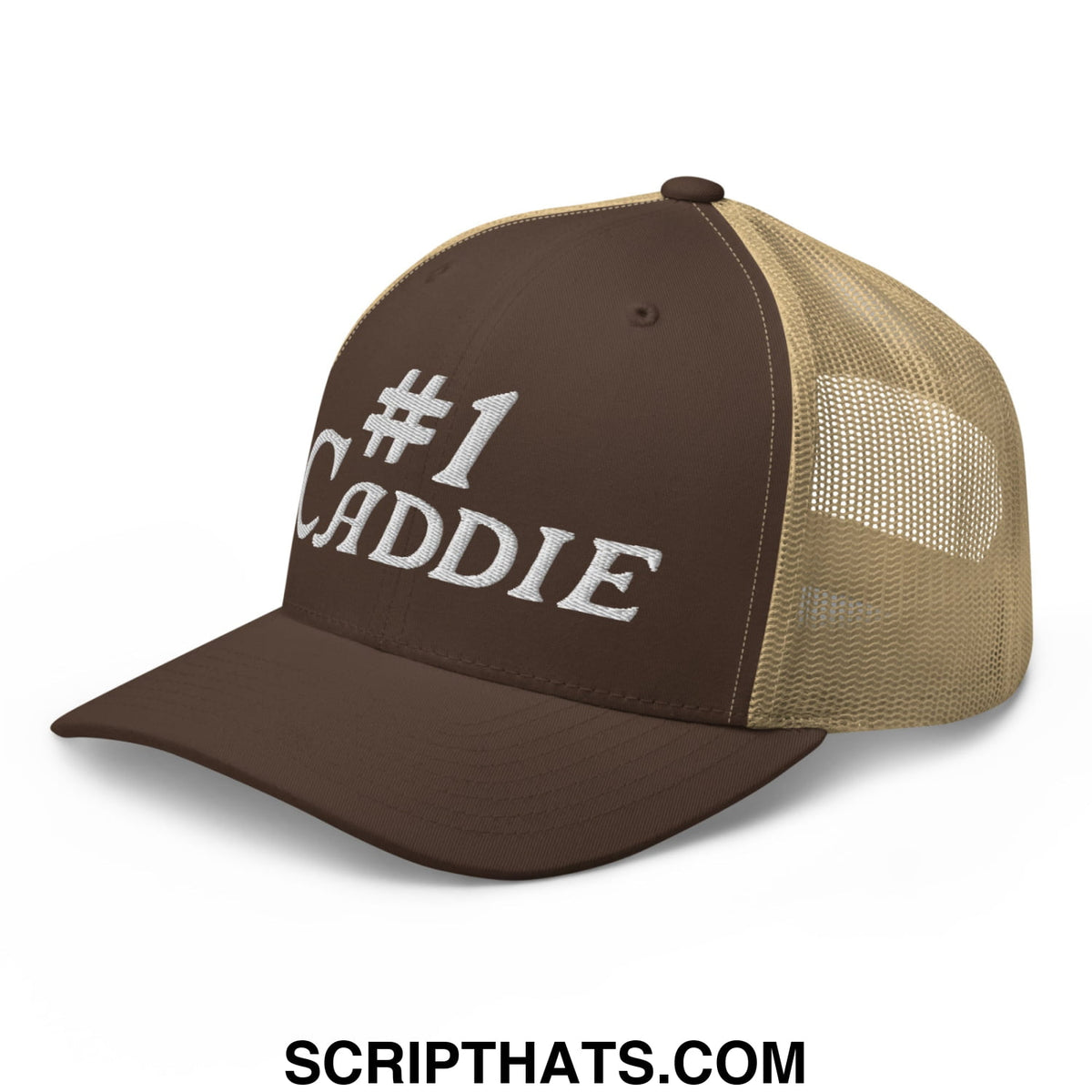 Brown and tan mesh trucker hat with white embroidered #1 caddie text on front for golf caddies