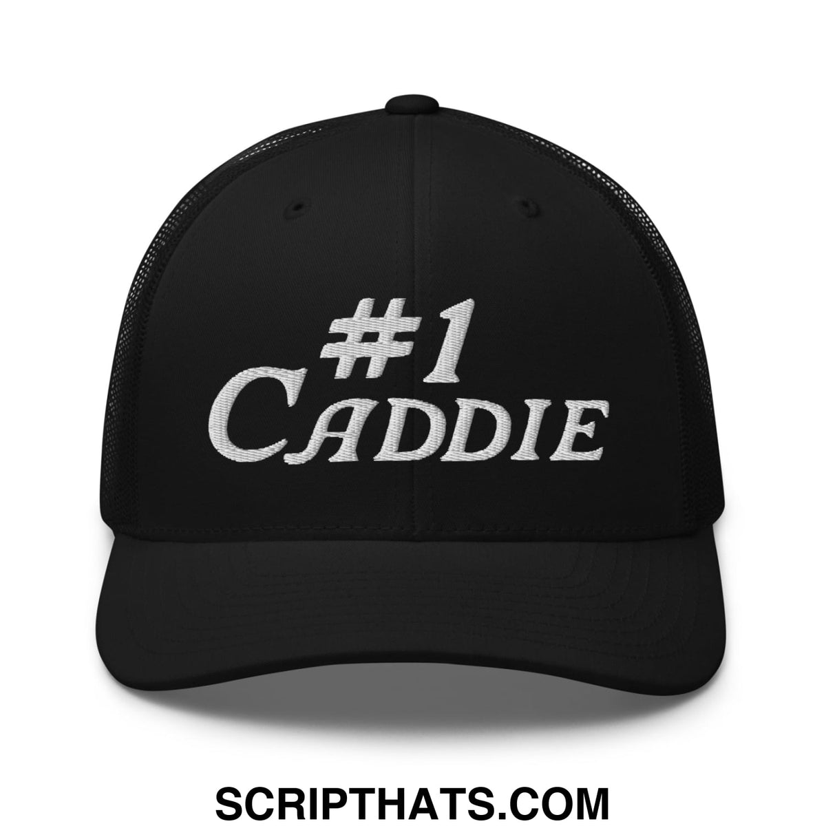 Black mesh trucker hat with white embroidered number 1 caddie text for golf use