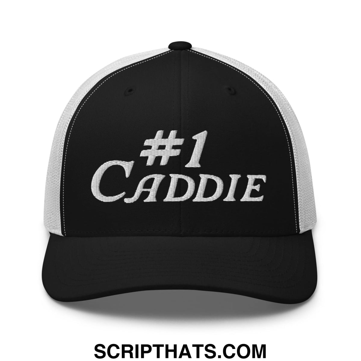 Black and white mesh trucker hat with number 1 caddie embroidered in silver thread on the front