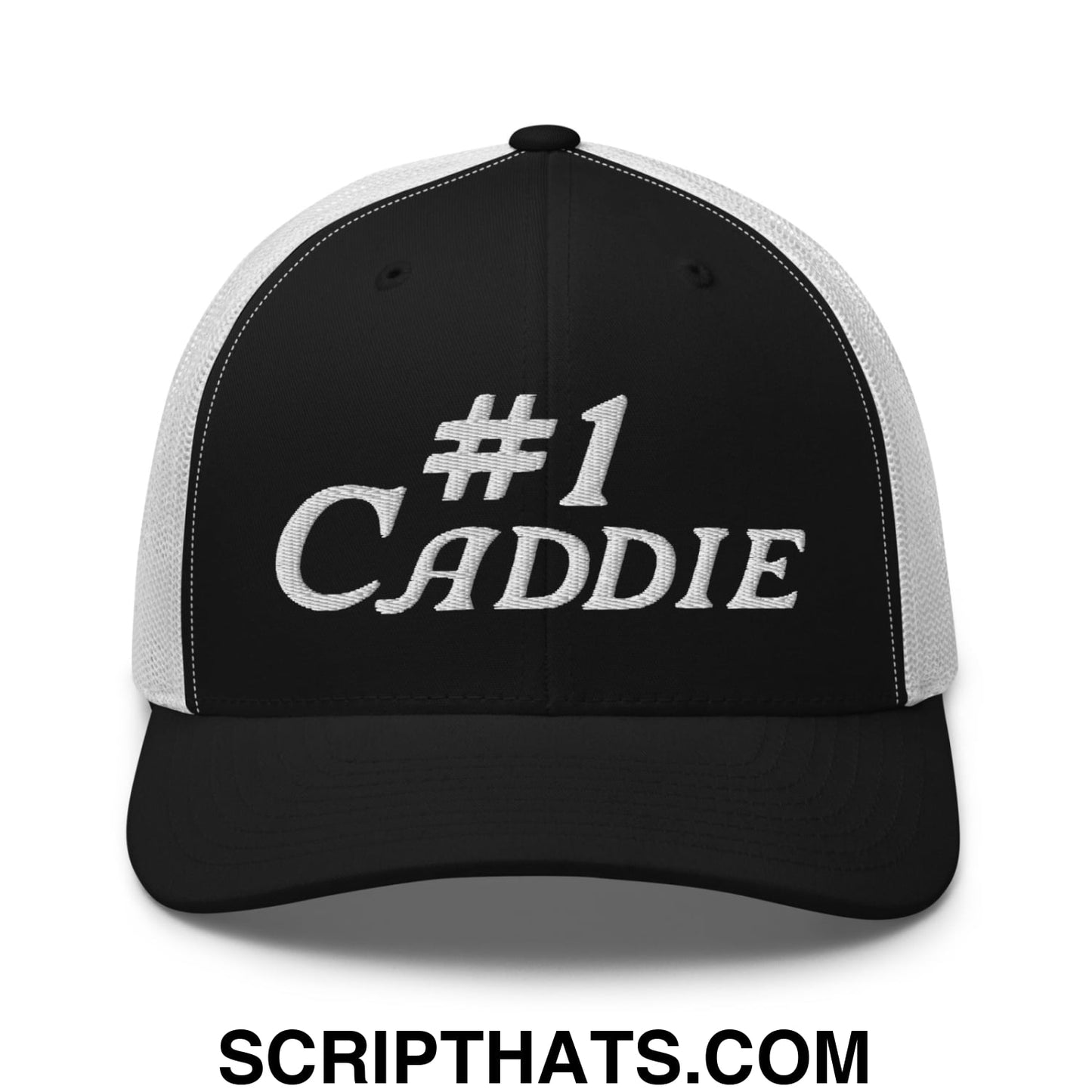 Number 1 Caddie Embroidered Mesh Trucker Hat Black White