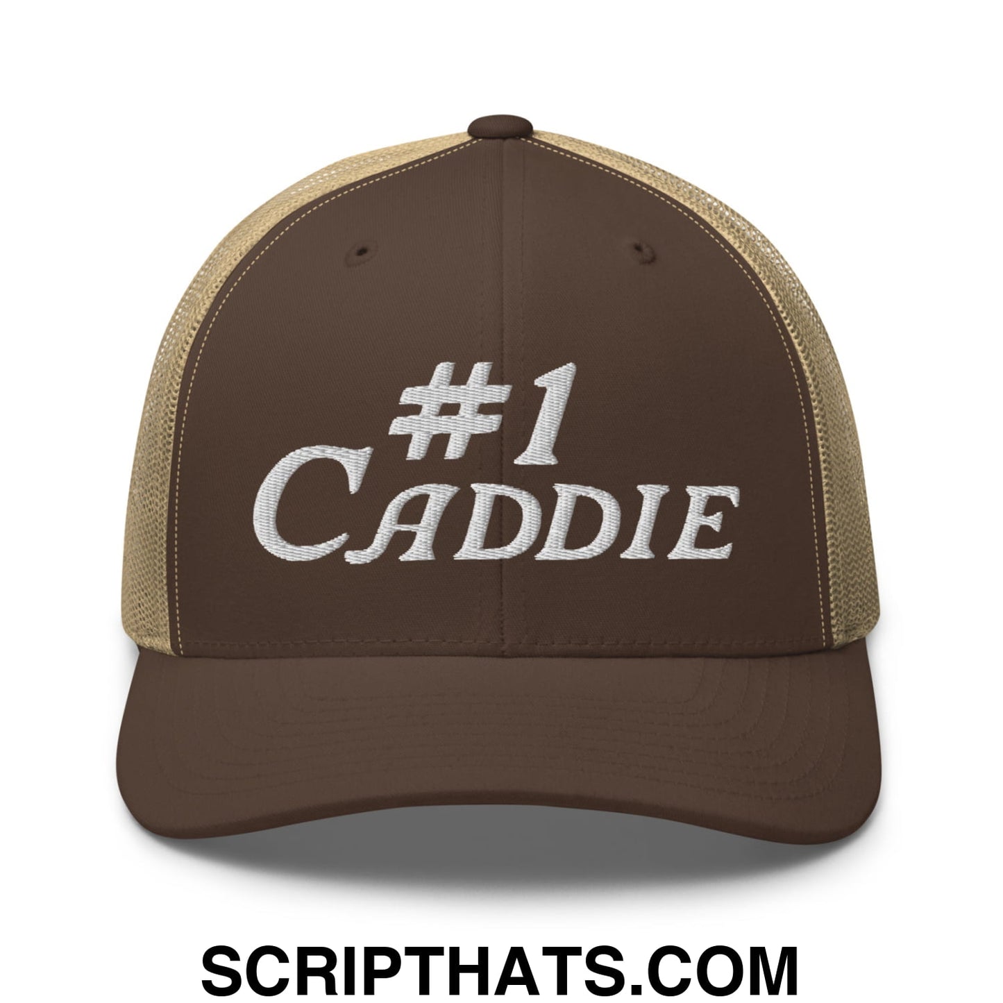 Number 1 Caddie Embroidered Mesh Trucker Hat Brown Khaki