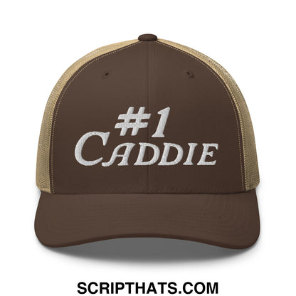 Brown and tan mesh trucker hat with white embroidered number 1 caddie text for golf use