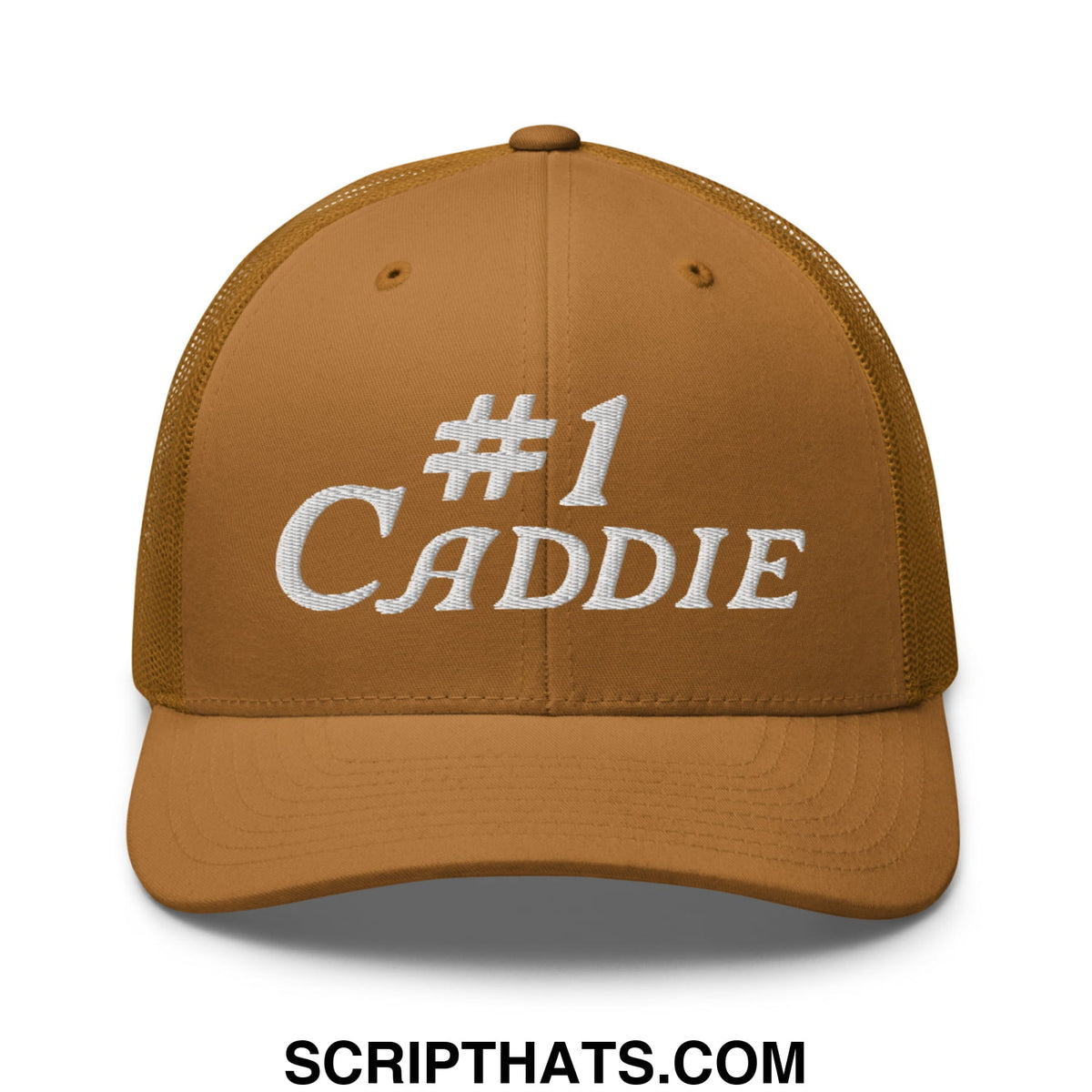 A tan mesh trucker hat with white embroidered number 1 caddie text on the front for golf enthusiasts
