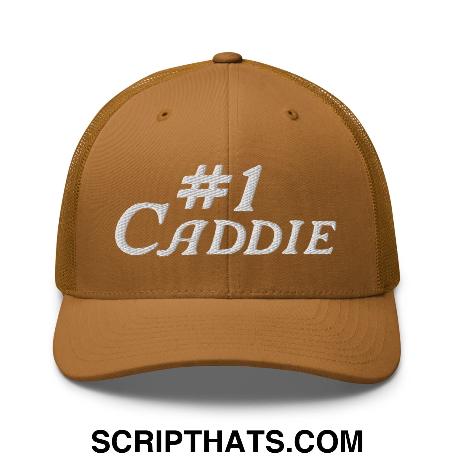 Number 1 Caddie Embroidered Mesh Trucker Hat Caramel