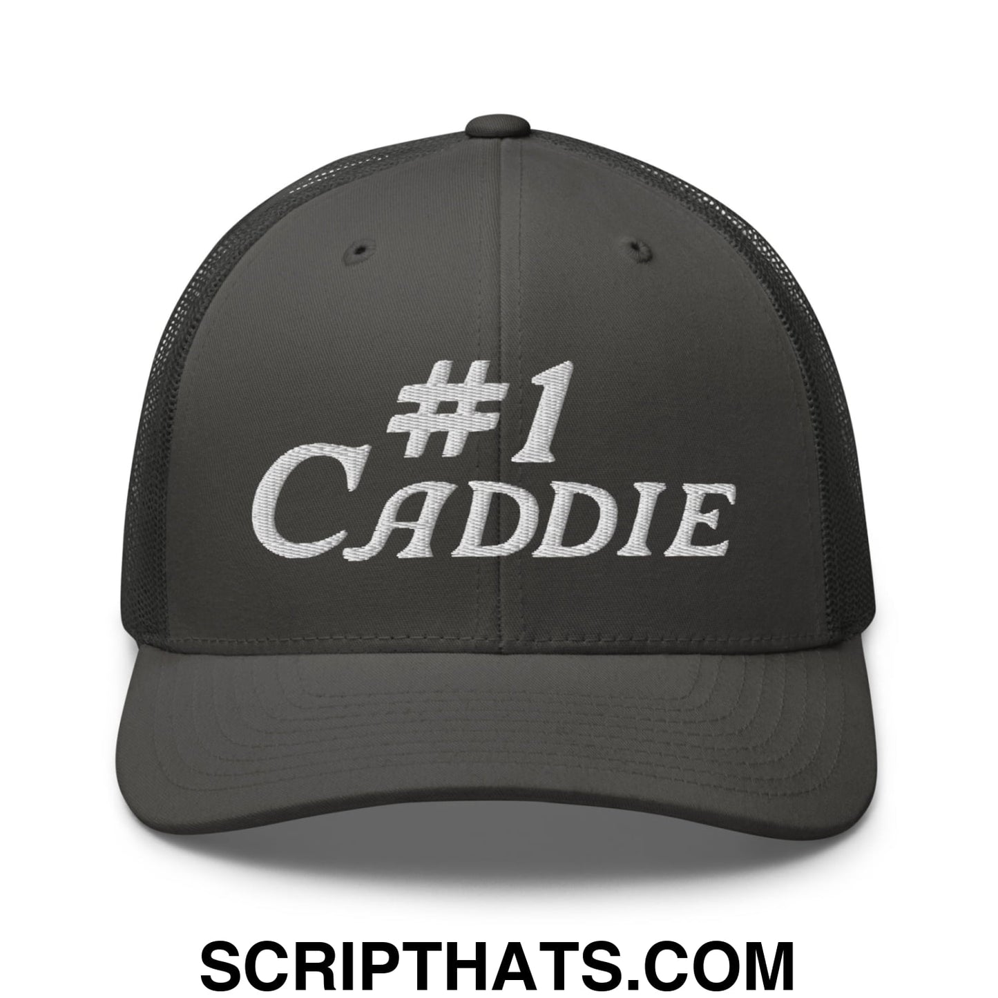 Number 1 Caddie Embroidered Mesh Trucker Hat Charcoal