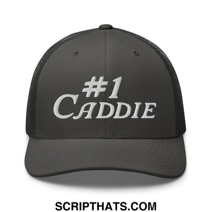 Dark gray mesh trucker hat with white embroidered number 1 caddie text on the front for golf use