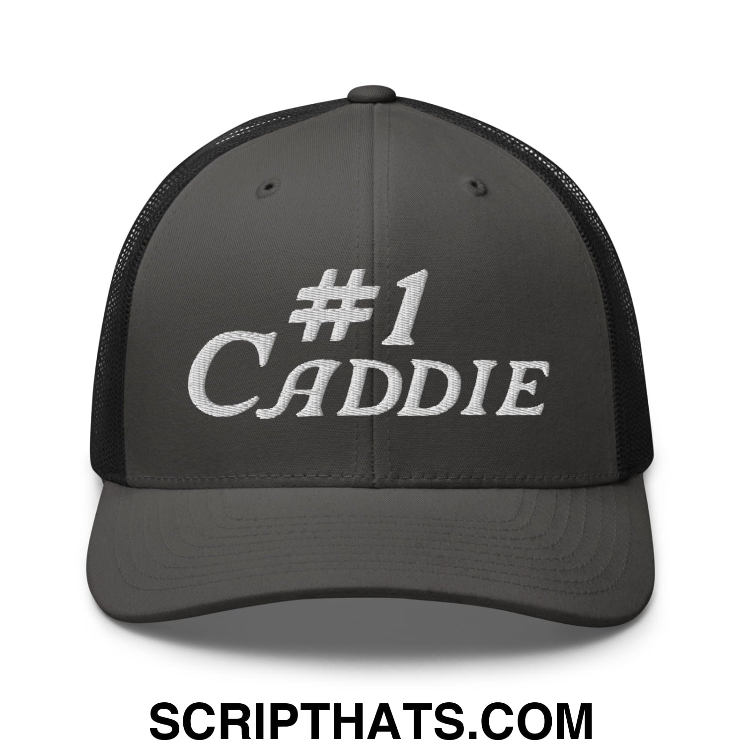 Number 1 Caddie Embroidered Mesh Trucker Hat Charcoal Black