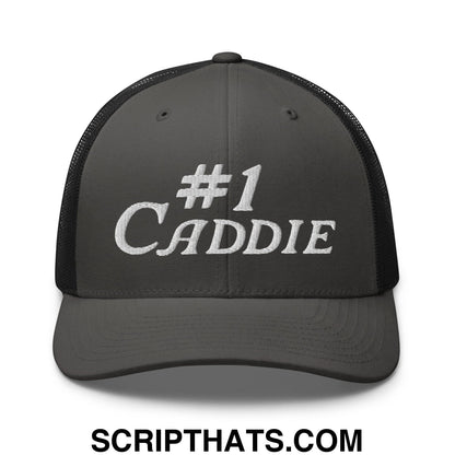 Number 1 Caddie Embroidered Mesh Trucker Hat Charcoal Black
