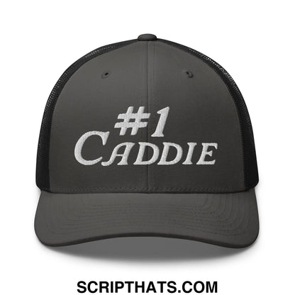 Dark gray mesh trucker hat with white embroidered number 1 caddie text on the front panel