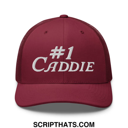 Maroon mesh trucker hat with white embroidered number 1 caddie text for golf use