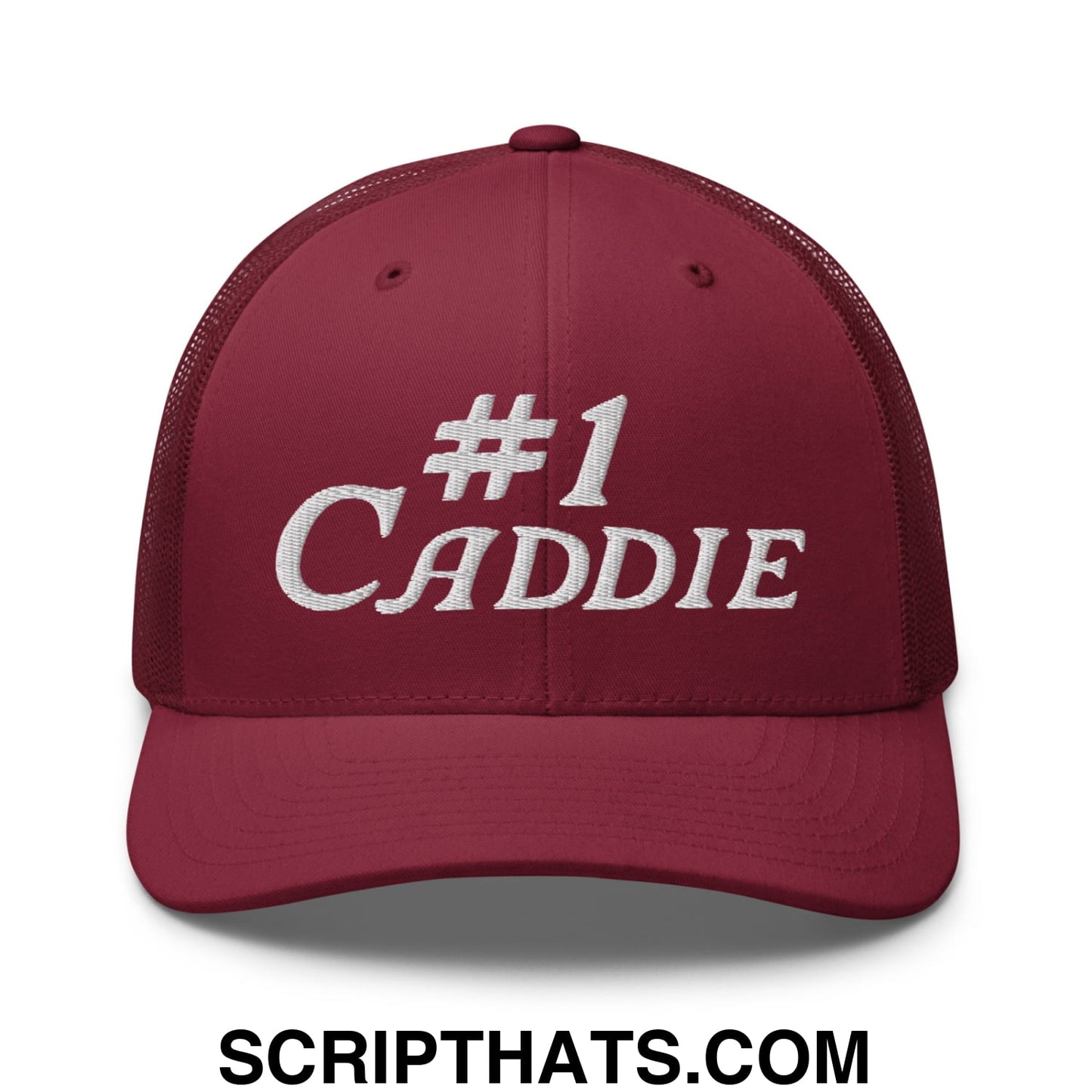 Number 1 Caddie Embroidered Mesh Trucker Hat Cranberry