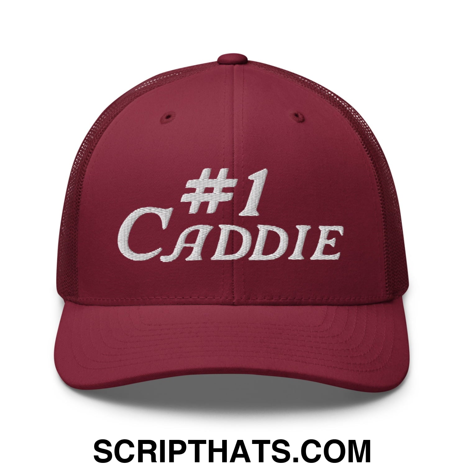 Number 1 Caddie Embroidered Mesh Trucker Hat Cranberry