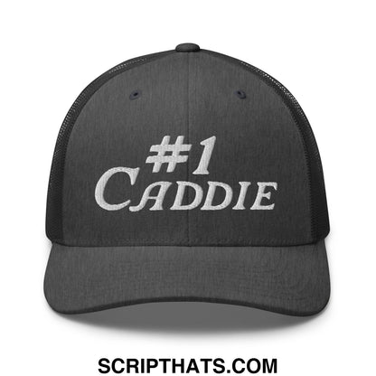 Black mesh trucker hat with white embroidered number 1 caddie text on the front for golf enthusiasts
