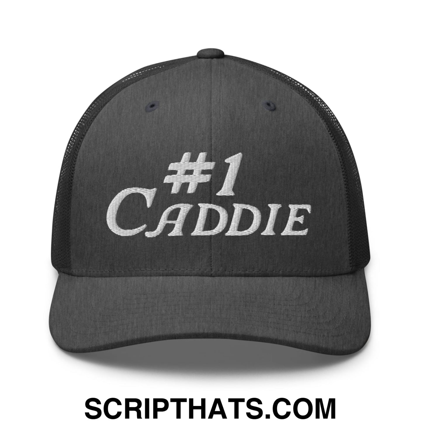 Number 1 Caddie Embroidered Mesh Trucker Hat Dark Heather Gray