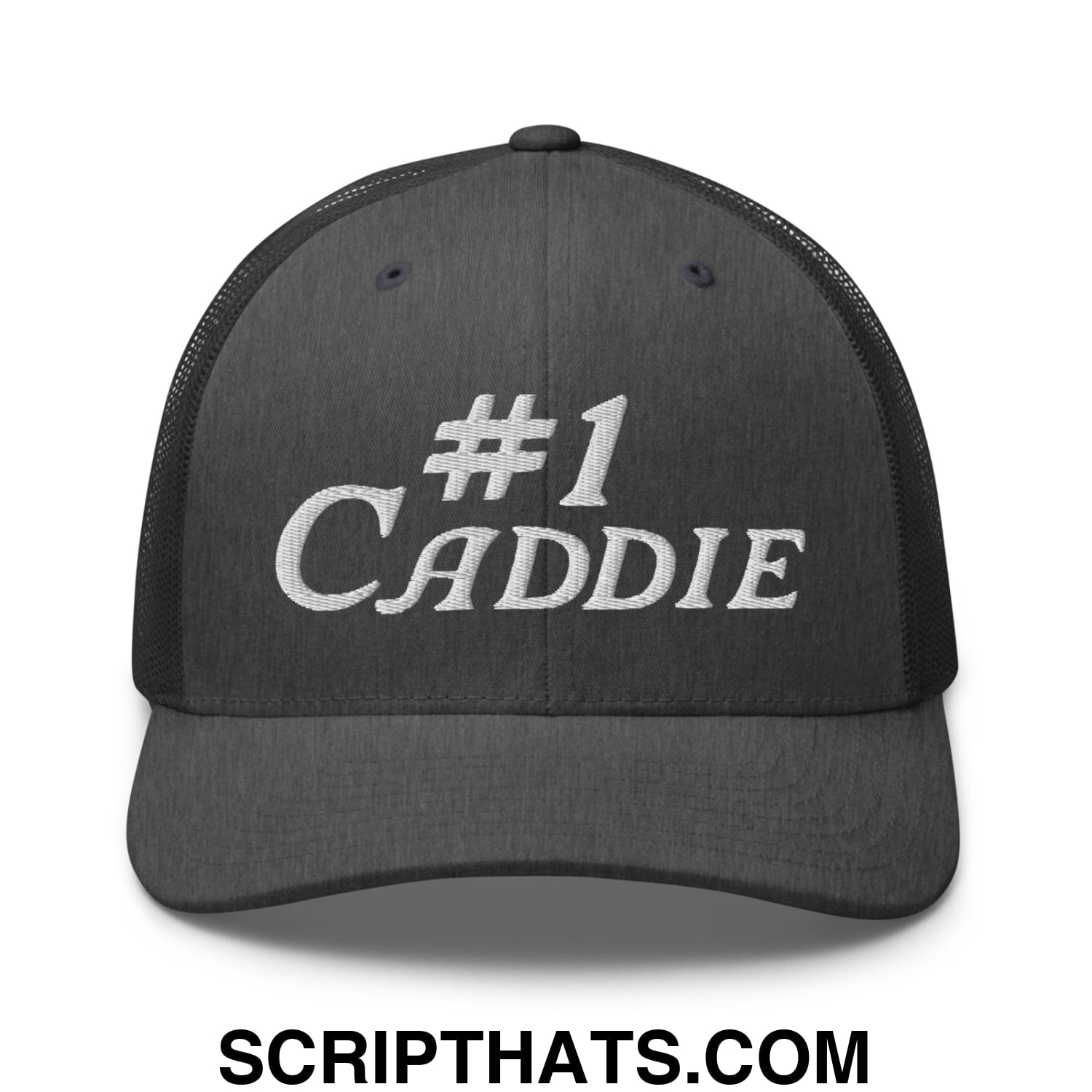 Number 1 Caddie Embroidered Mesh Trucker Hat Dark Heather Gray
