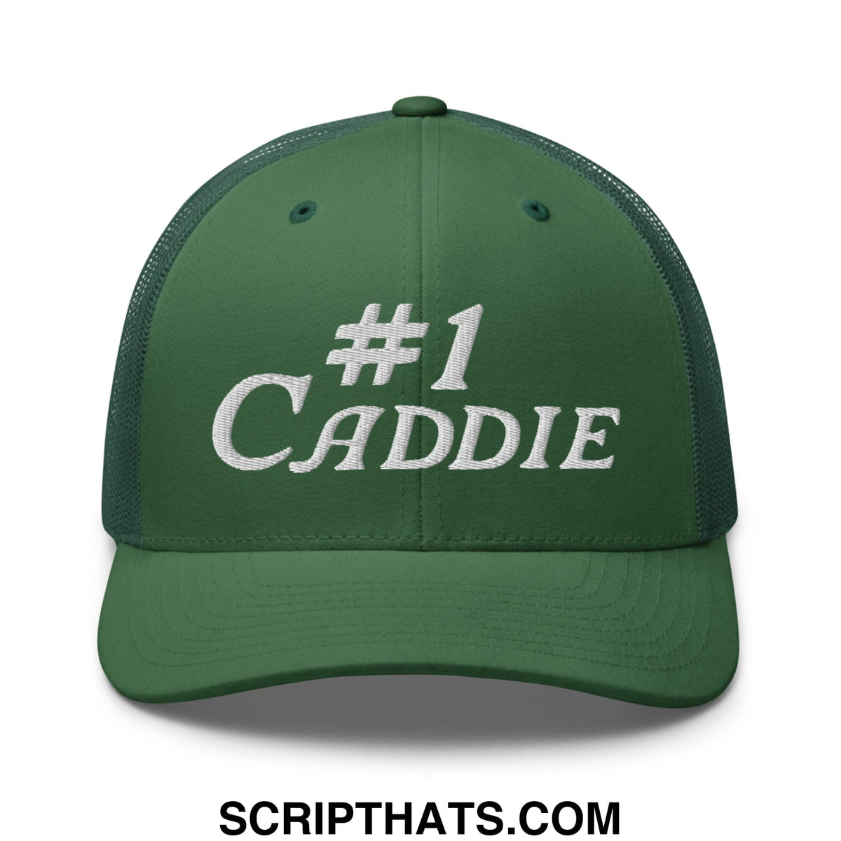 Dark green mesh trucker hat with white embroidered number 1 caddie text on the front for golf support