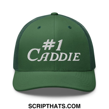 Dark green mesh trucker hat with white embroidered number 1 caddie text on the front for golf support