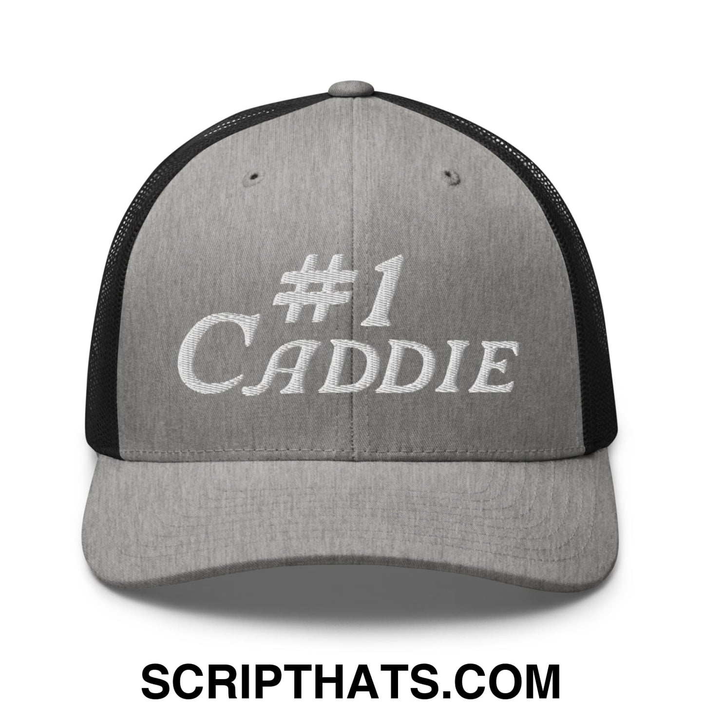 Number 1 Caddie Embroidered Mesh Trucker Hat Heather Black