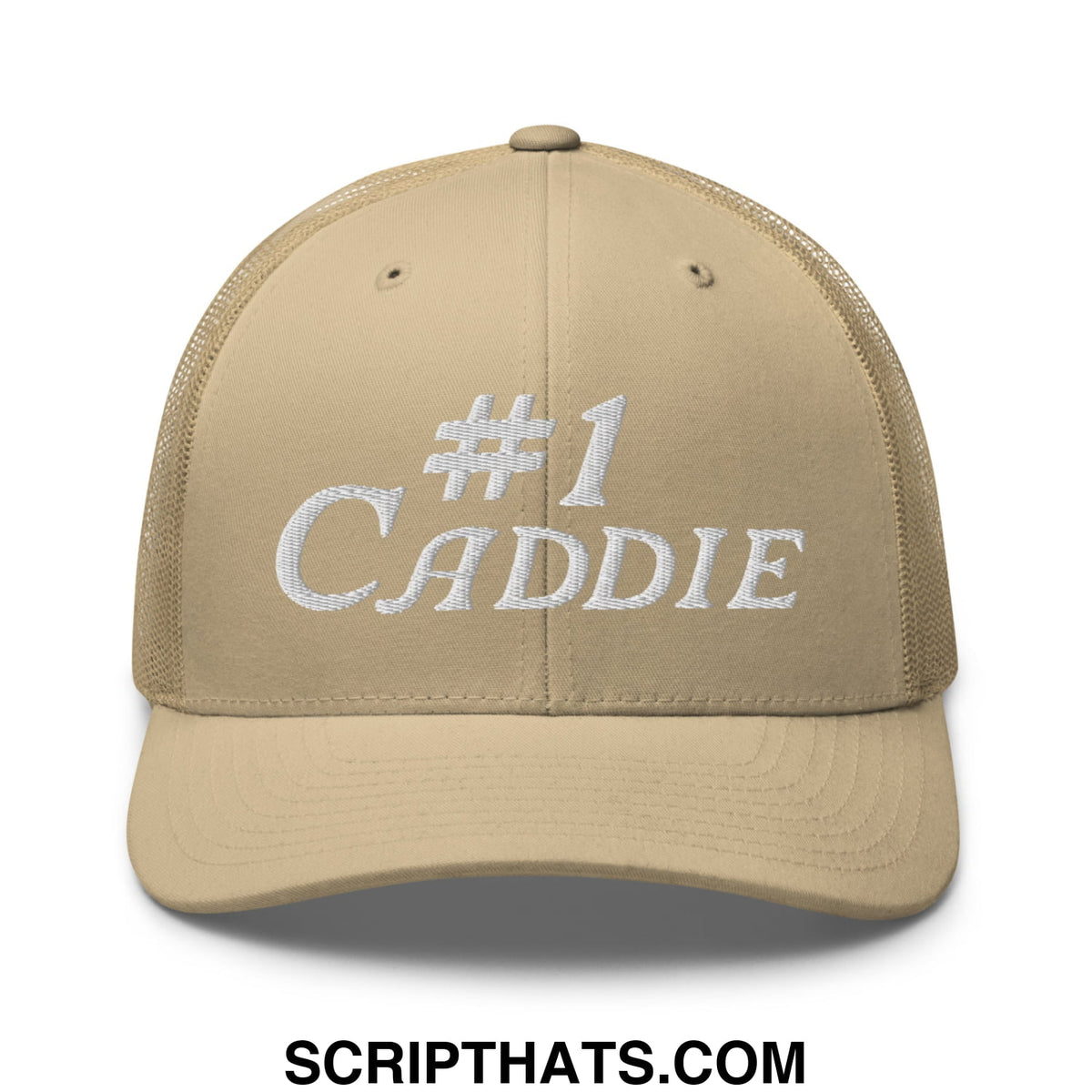 Beige mesh trucker hat with white embroidered number one caddie text ideal for golf and casual wear