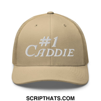 Beige mesh trucker hat with white embroidered number one caddie text ideal for golf and casual wear