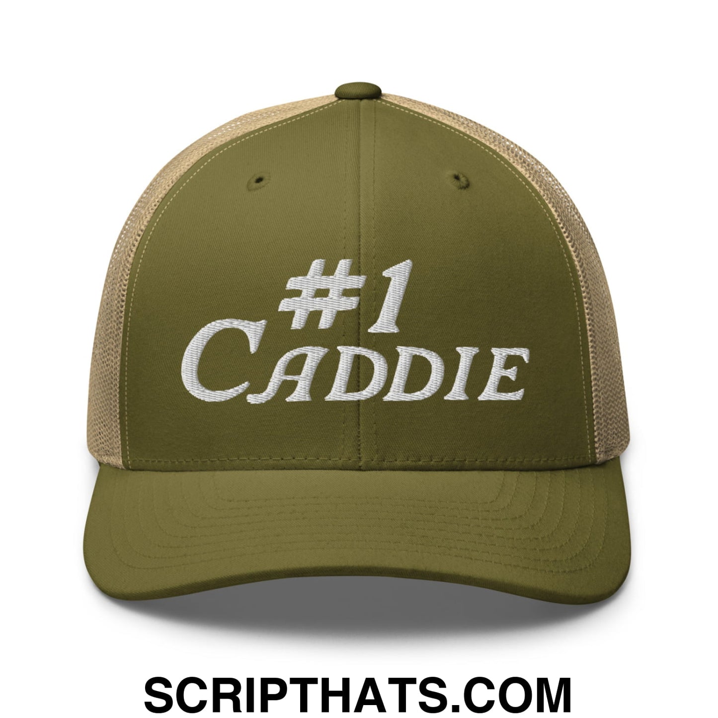 Number 1 Caddie Embroidered Mesh Trucker Hat Moss Khaki