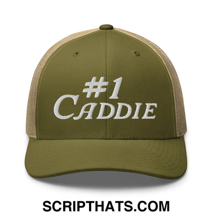 Number 1 Caddie Embroidered Mesh Trucker Hat Moss Khaki