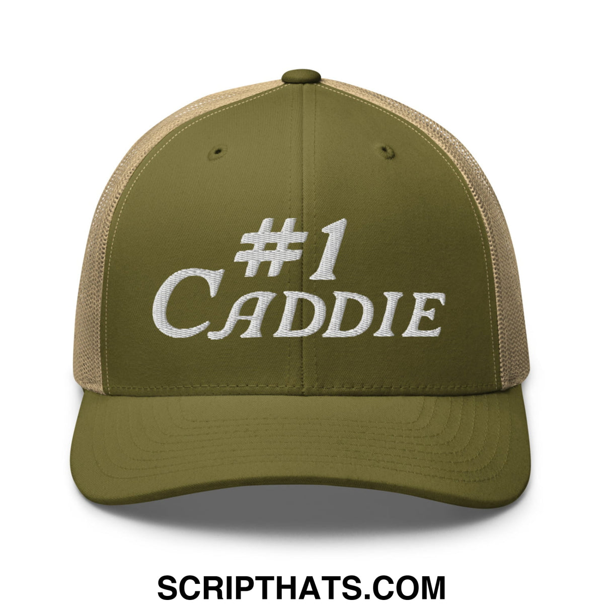 Olive green and tan mesh trucker hat with white embroidered number 1 caddie text on front panel