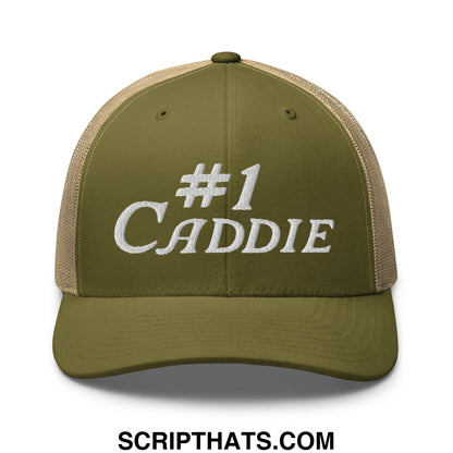 Olive green and tan mesh trucker hat with white embroidered number 1 caddie text on front panel