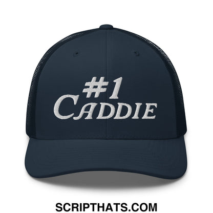 Dark navy blue mesh trucker hat with white embroidered number 1 caddie text on front for golf use