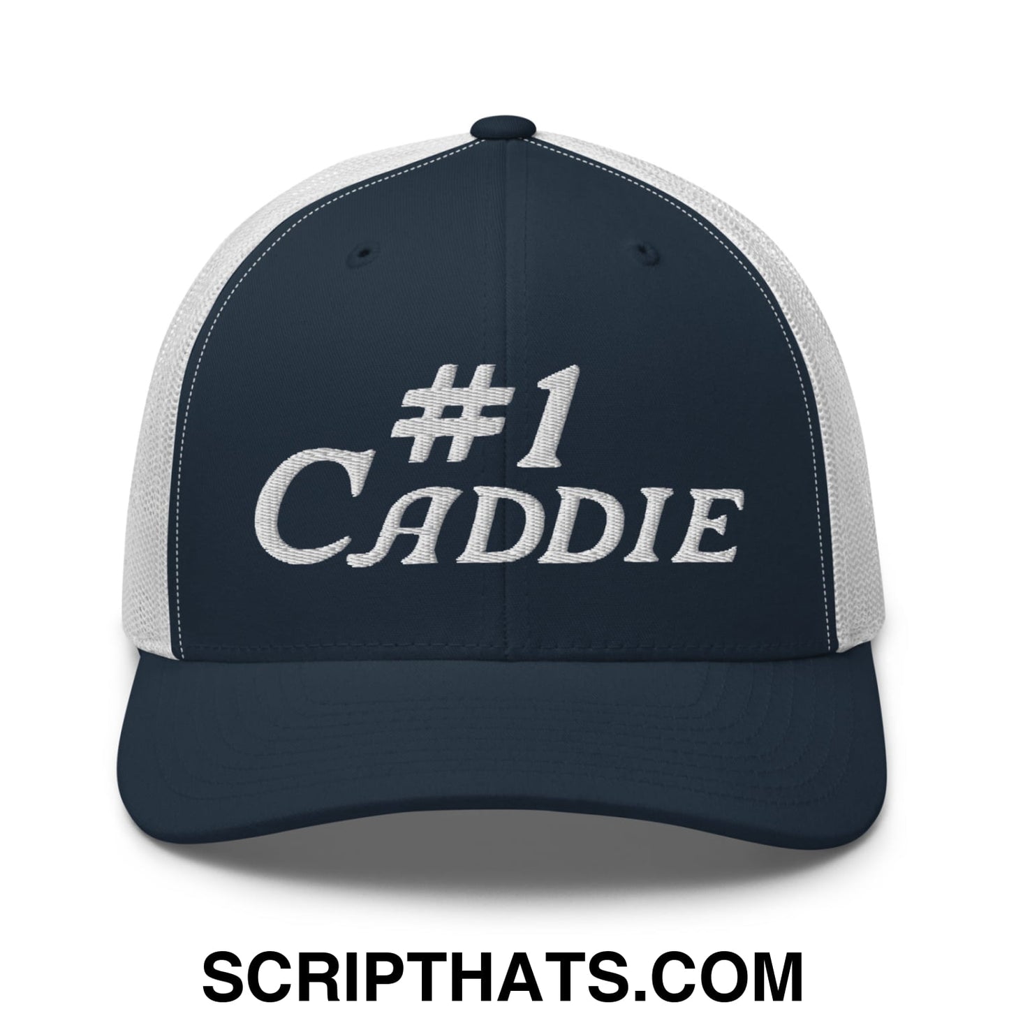 Number 1 Caddie Embroidered Mesh Trucker Hat Navy White