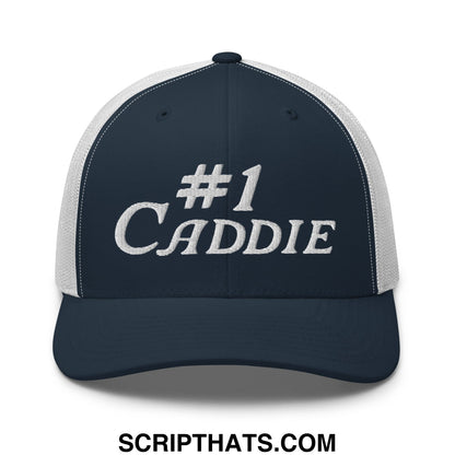 Navy blue and white mesh trucker hat with silver embroidered number 1 caddie text on front panel